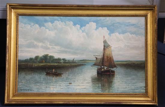 George Gregory (1849-1938) Sail barges and anglers in a river landscape 15.5 x 25.5in.